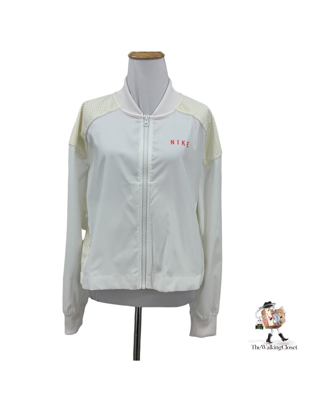 Nike Jacket Women L Large White Mesh Trim Back Big Logo Windbreaker Track Bomber